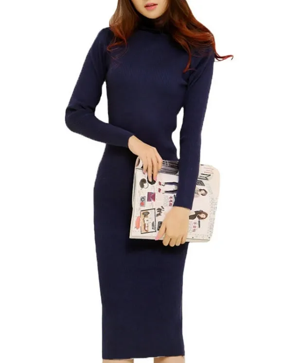 Vestido Tricot Gola Alta Midi Tubinho Inverno