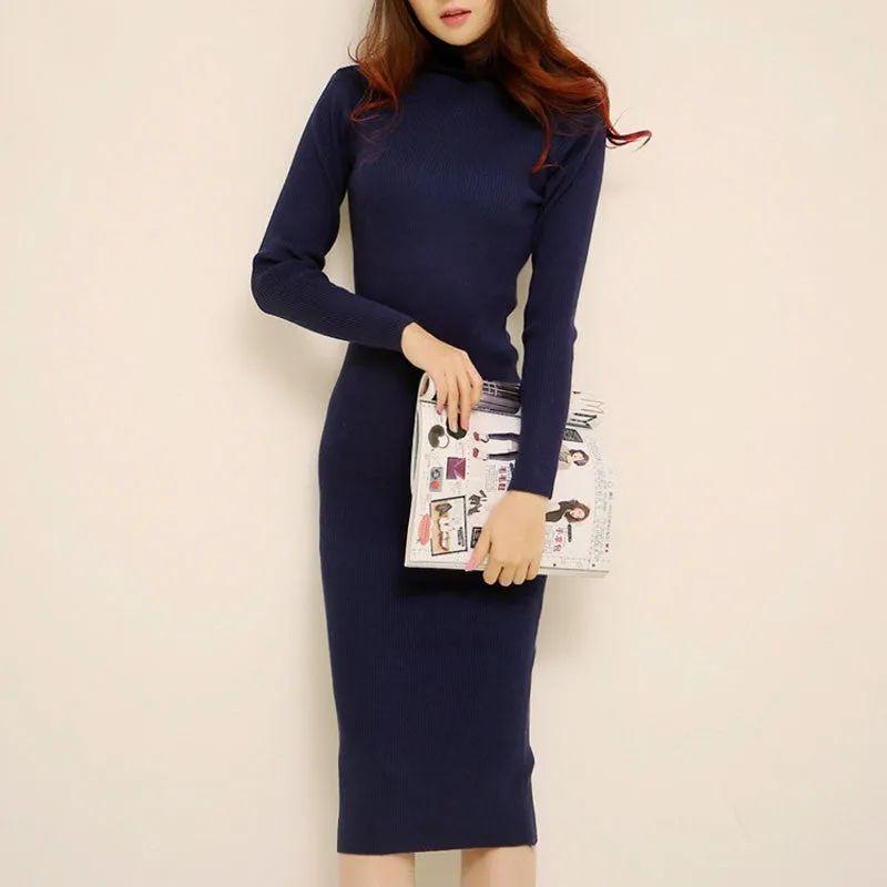 Vestido Tricot Gola Alta Midi Tubinho Inverno