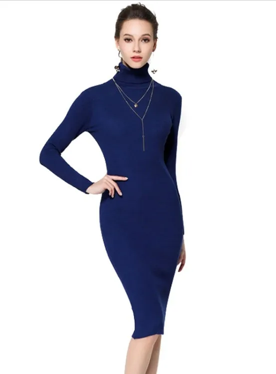 Vestido Tricot Gola Alta Midi Tubinho Inverno