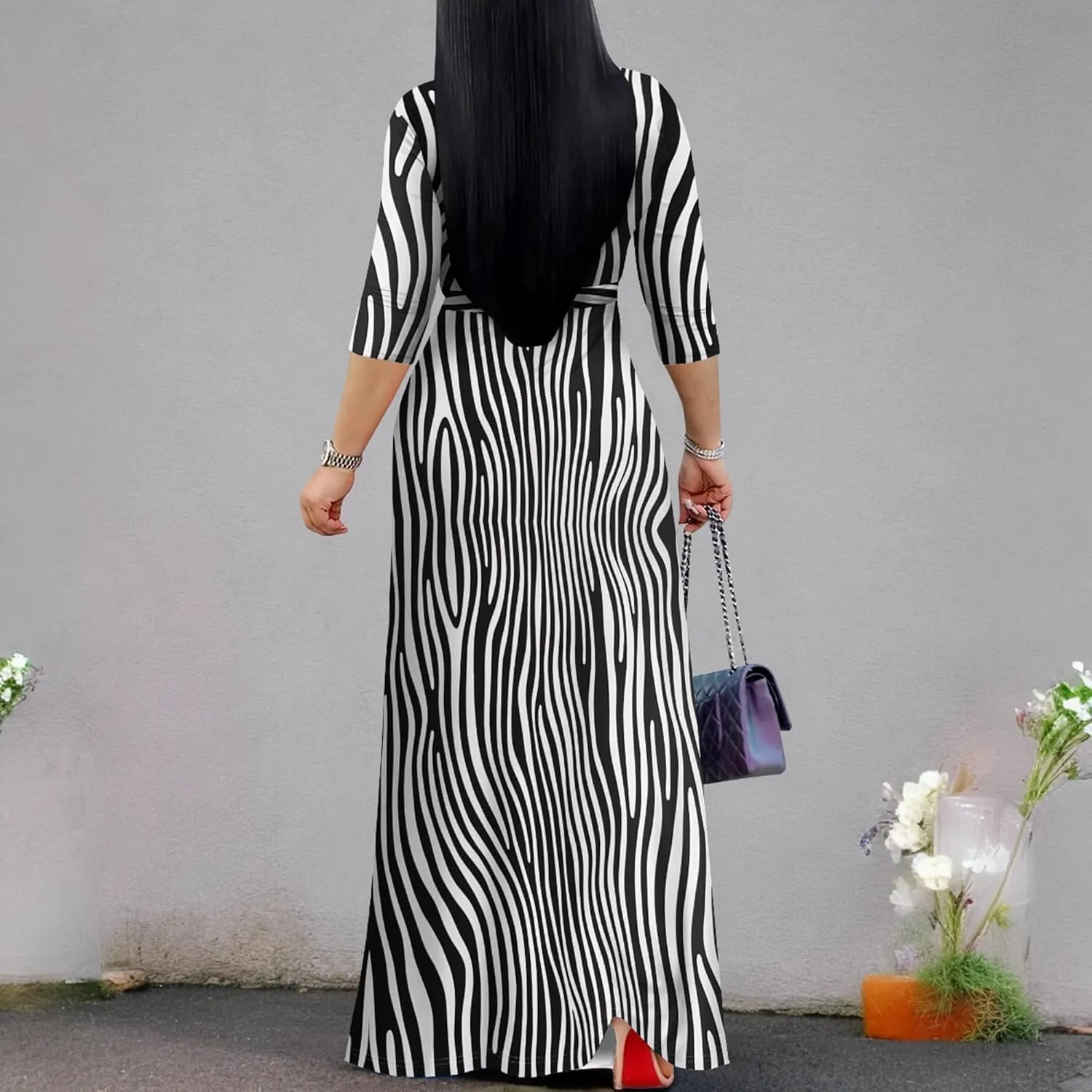weiyinhe Maxi Dress for Women V Neck Casual 3/4 Sleeve Wrap Sexy Long Dresses Floral with Belt