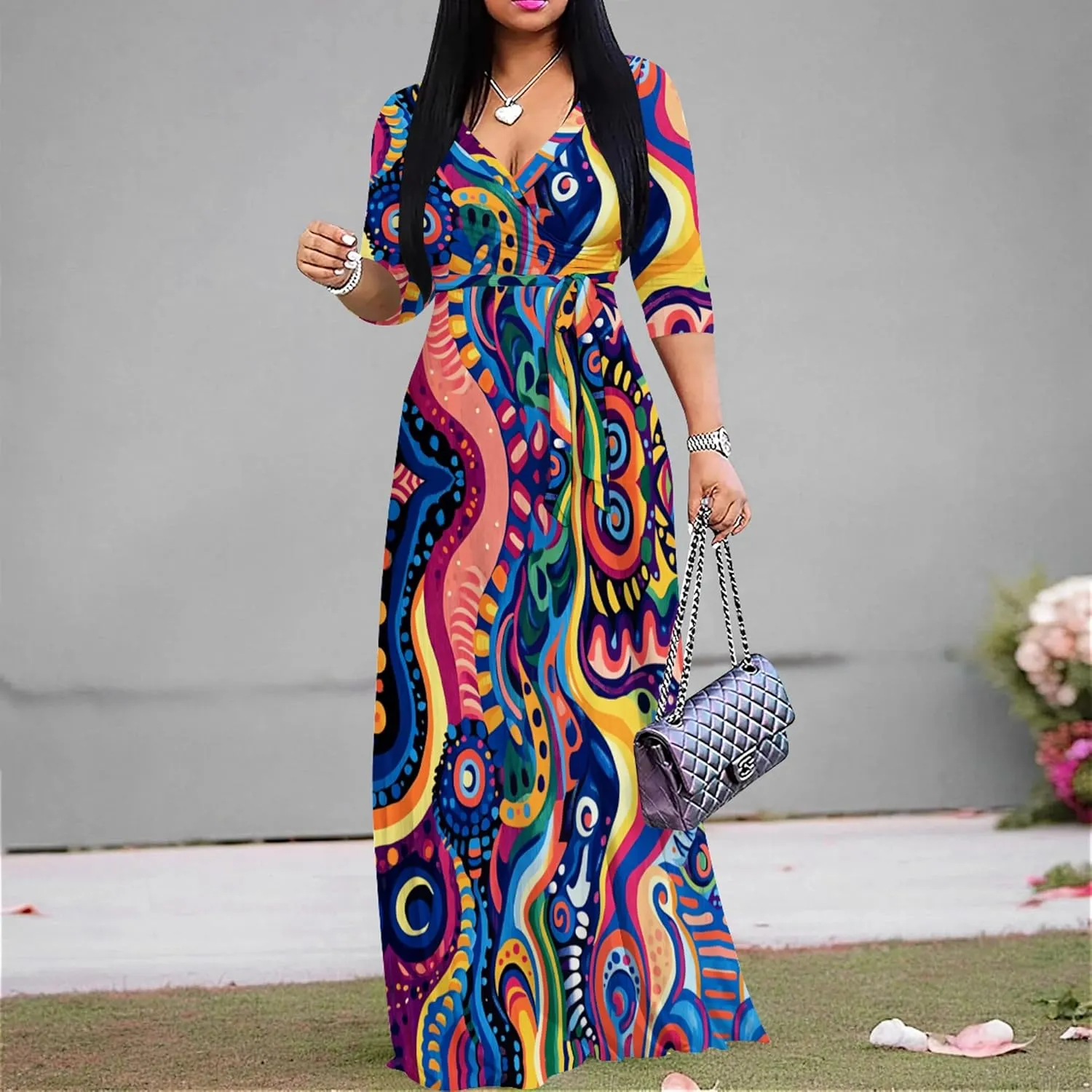 weiyinhe Maxi Dress for Women V Neck Casual 3/4 Sleeve Wrap Sexy Long Dresses Floral with Belt