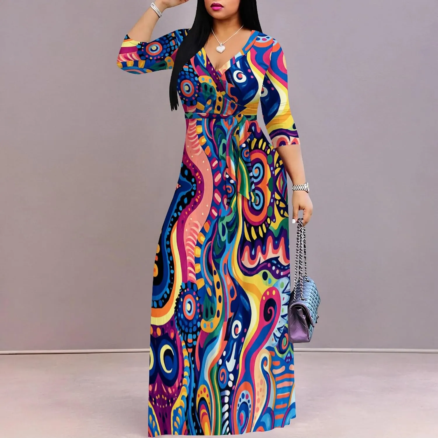 weiyinhe Maxi Dress for Women V Neck Casual 3/4 Sleeve Wrap Sexy Long Dresses Floral with Belt