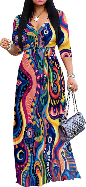 weiyinhe Maxi Dress for Women V Neck Casual 3/4 Sleeve Wrap Sexy Long Dresses Floral with Belt