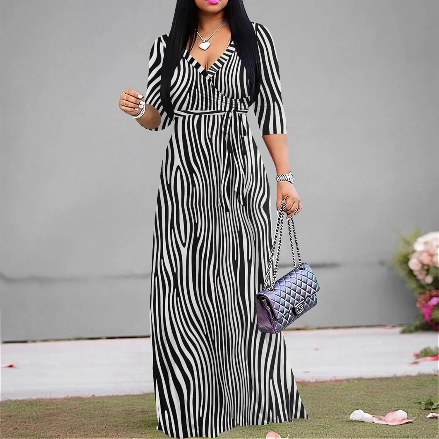 weiyinhe Maxi Dress for Women V Neck Casual 3/4 Sleeve Wrap Sexy Long Dresses Floral with Belt