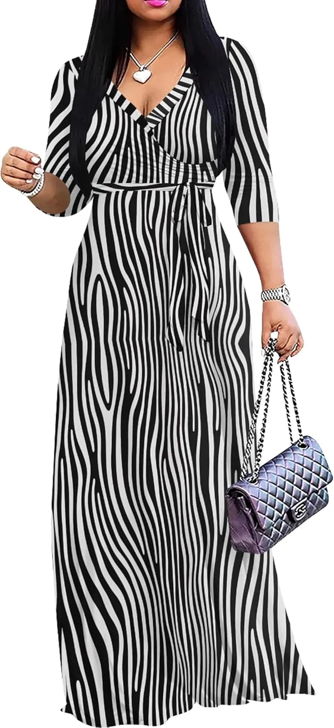 weiyinhe Maxi Dress for Women V Neck Casual 3/4 Sleeve Wrap Sexy Long Dresses Floral with Belt