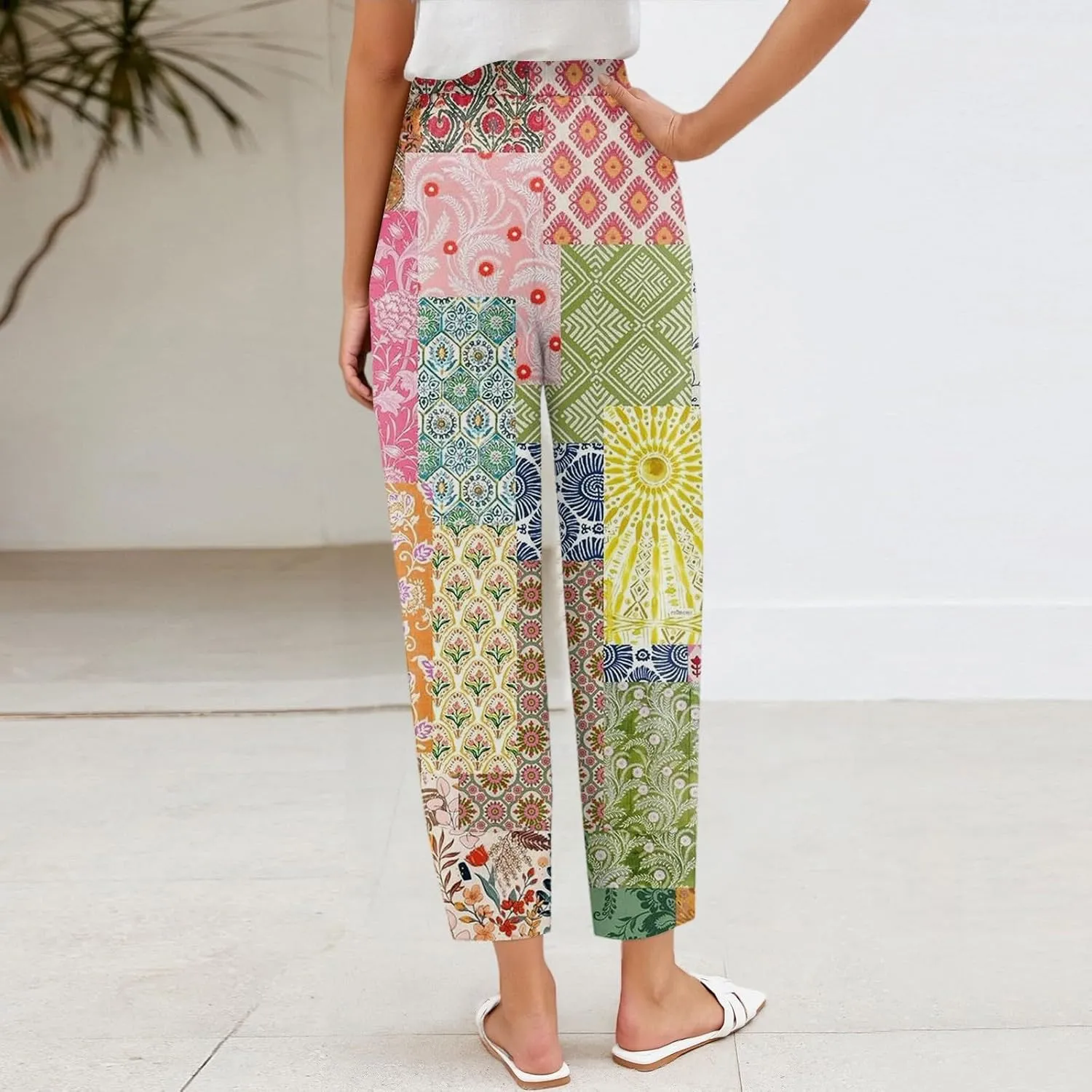 Wide Leg Linen Pants for Women Cropped Summer Palazzo Pant Casual Ankle Length Beach Vacation Trousers with Pockets