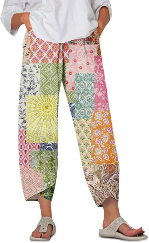 Wide Leg Linen Pants for Women Cropped Summer Palazzo Pant Casual Ankle Length Beach Vacation Trousers with Pockets