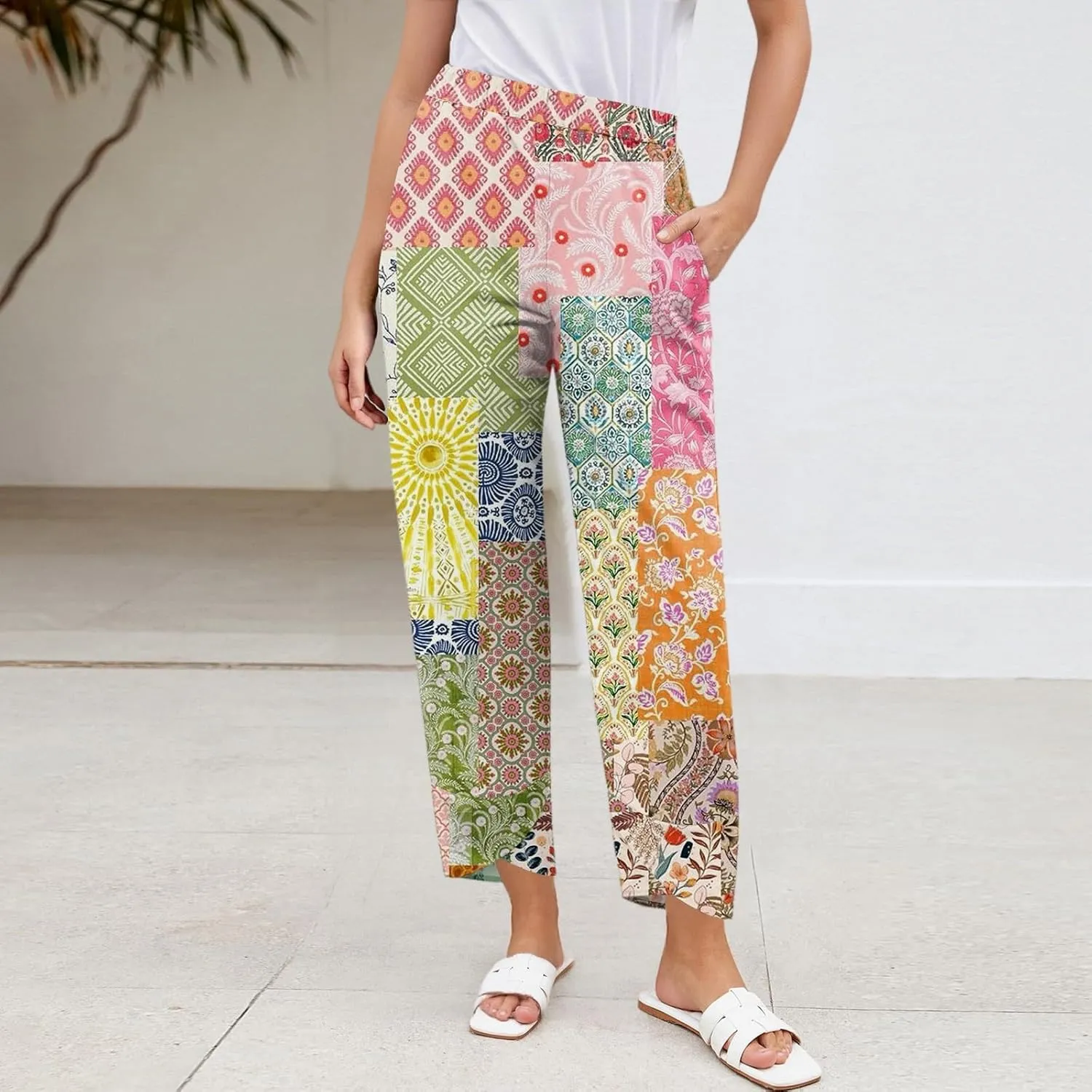 Wide Leg Linen Pants for Women Cropped Summer Palazzo Pant Casual Ankle Length Beach Vacation Trousers with Pockets