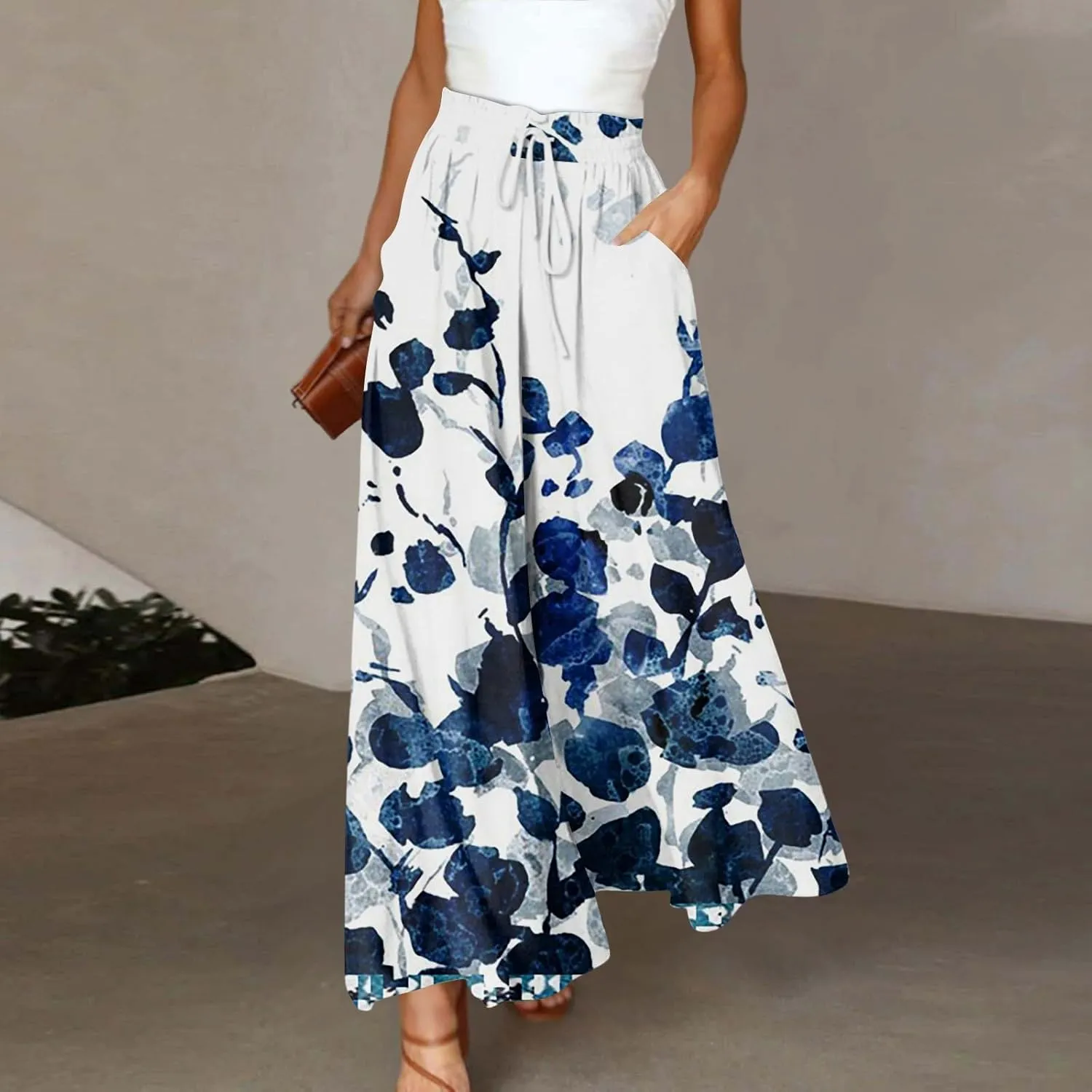 Wide Leg Pants Woman Summer 2025 Flowy High Waisted Trousers Baggy Drawstring Beach Pant with Pockets