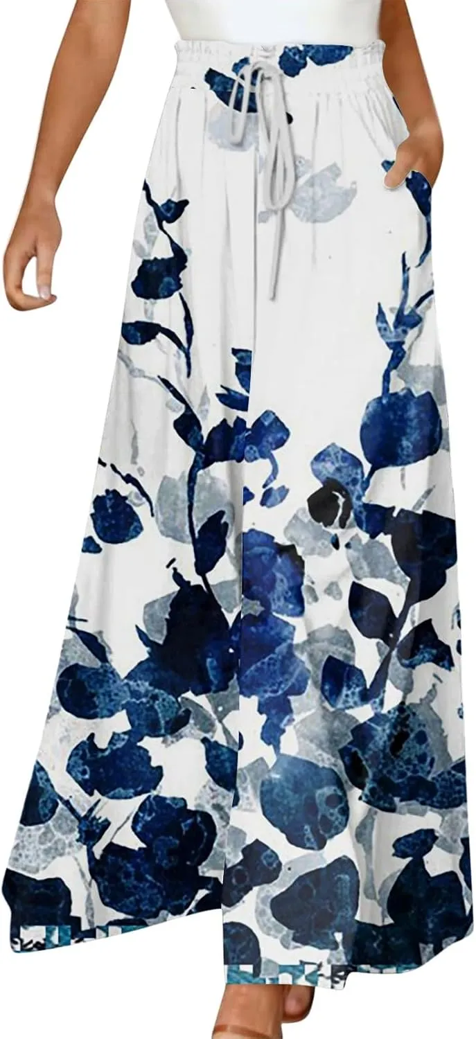 Wide Leg Pants Woman Summer 2025 Flowy High Waisted Trousers Baggy Drawstring Beach Pant with Pockets