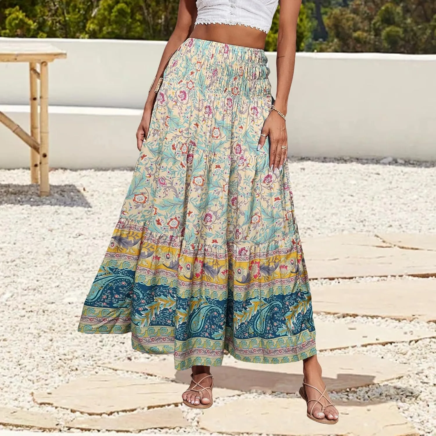 Women Boho Maxi Skirts Flowy Floral Elastic High Waist Long Skirts Summer Bohemian A-Line Pleated Casual Beach Skirt