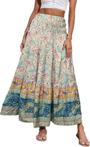Women Boho Maxi Skirts Flowy Floral Elastic High Waist Long Skirts Summer Bohemian A-Line Pleated Casual Beach Skirt