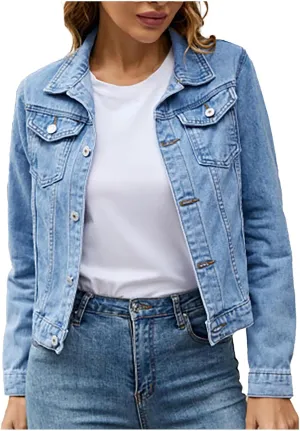 Women Denim Jacket Coats Long Sleeves Pocket Fashion Cardigan Solid Color Open Front Outerwear Jackets Comfy