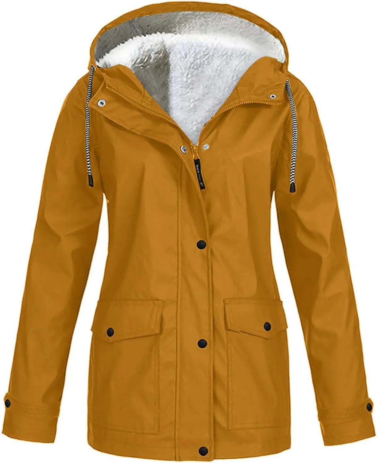 Women Fleece Lined Windbreaker Jacket Plus Size Winter Casual Solid Outdoor Warm Raincoat Hooded Windproof Trench Coat