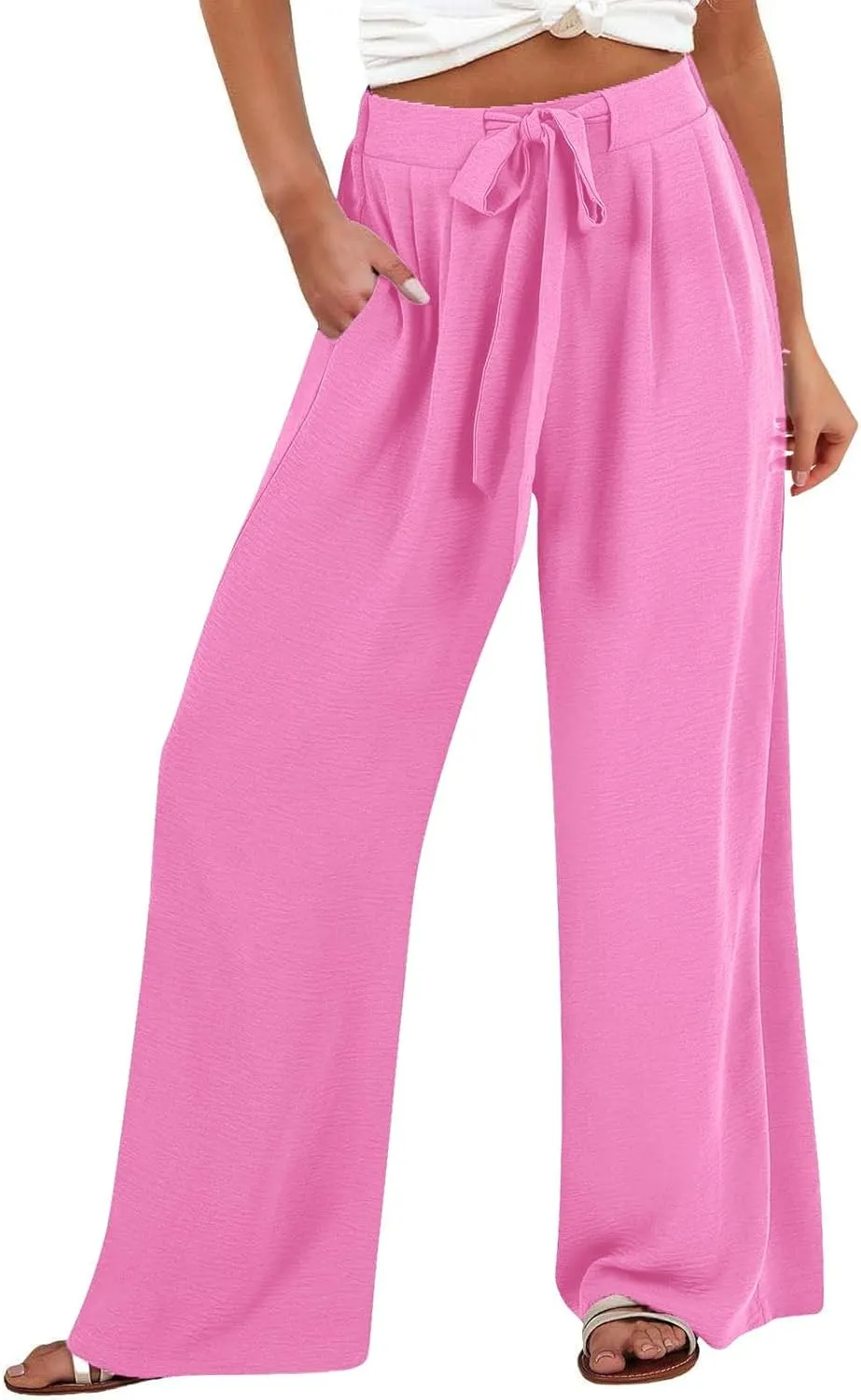 Women Flowy Wide Leg Palazzo Pants High Waisted Travel Beach Lounge Pant Tie Knot Loose Summer Work Dressy Trousers