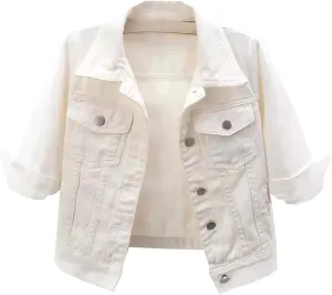 Women's 3/4 Sleeve Colored Cropped Denim Jacket Light Wash Short Jean Jacket Trucker Shackets Coat