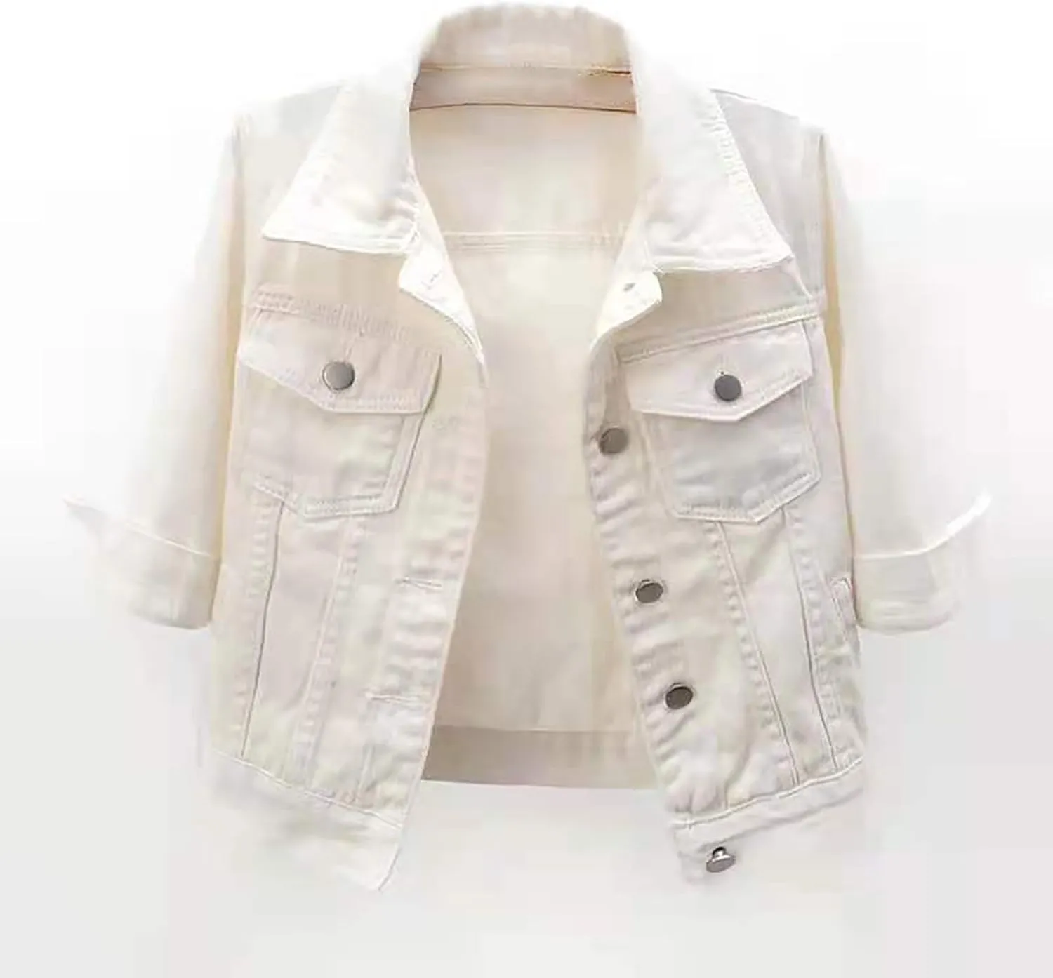 Women's 3/4 Sleeve Colored Cropped Denim Jacket Light Wash Short Jean Jacket Trucker Shackets Coat
