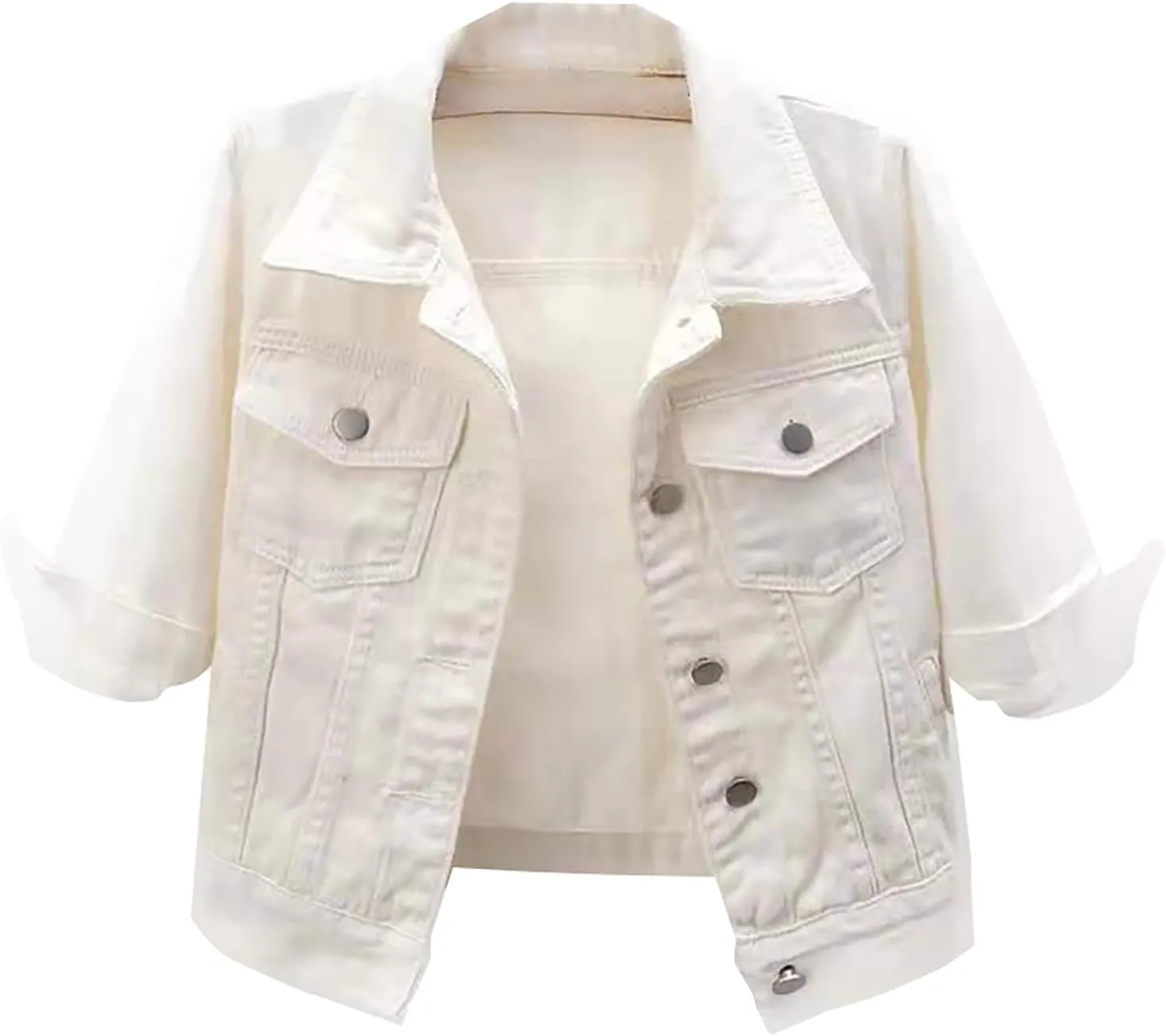 Women's 3/4 Sleeve Colored Cropped Denim Jacket Light Wash Short Jean Jacket Trucker Shackets Coat