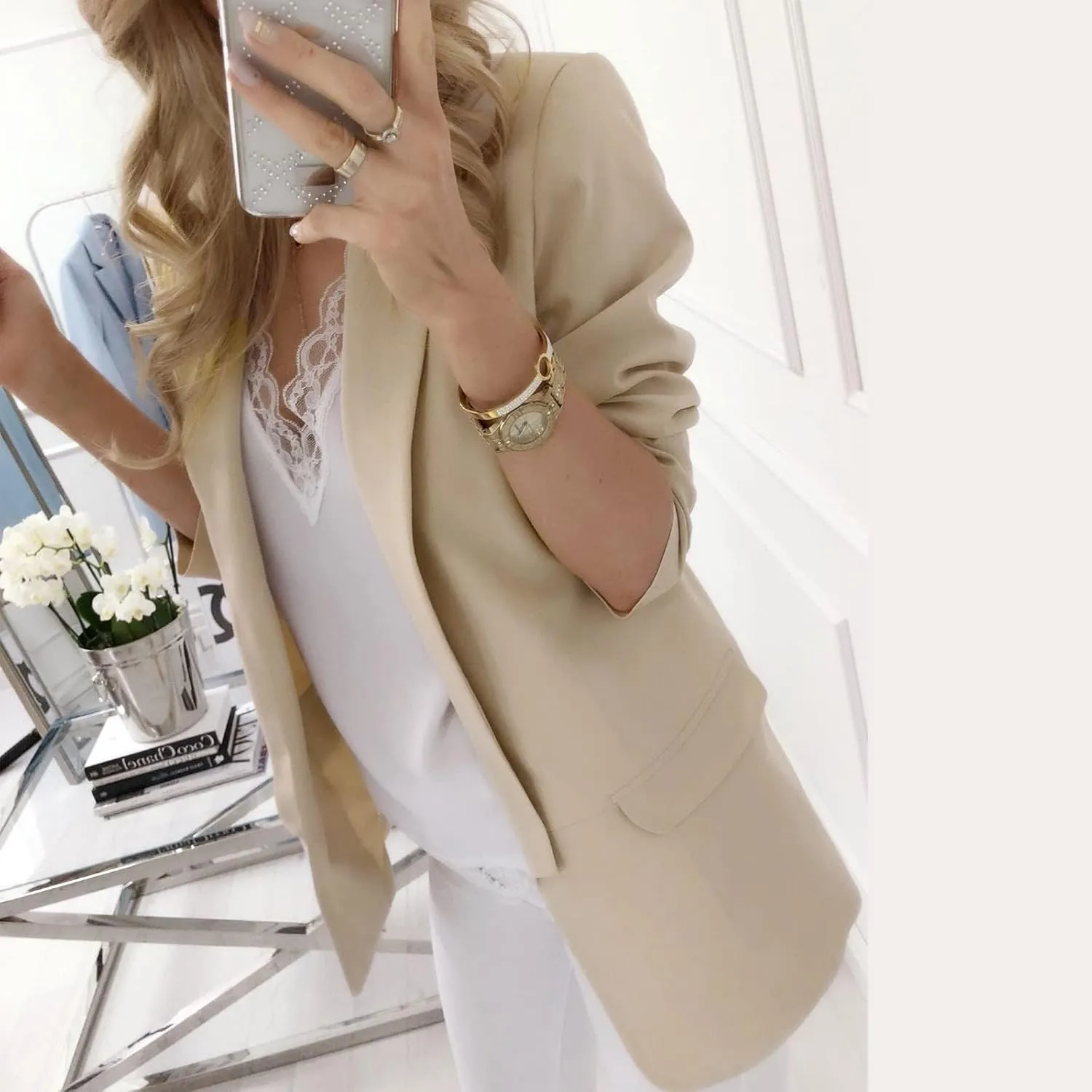 Womens Blazers 2024 Fall Bussiness,Casual Long Sleeve Button Open Front Suit Jackets, Work Clothes with Pockets