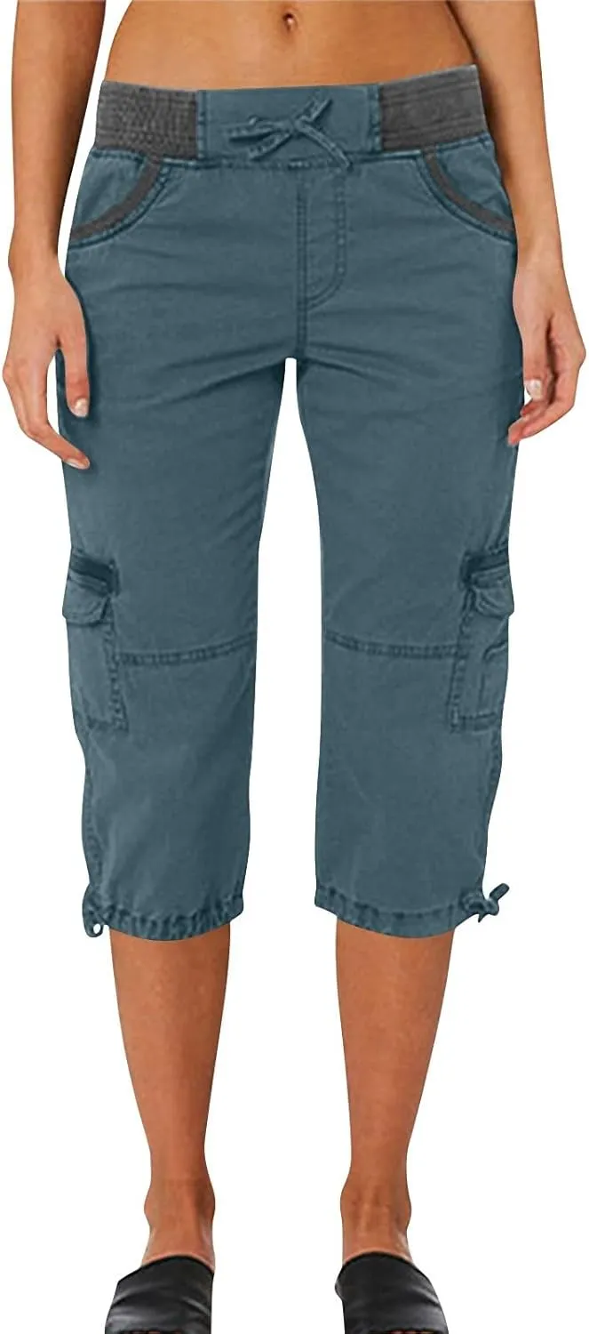 Womens Cargo Capris Summer Casual Drawstring Low Waisted Hiking Jogger Pants Lightweight Outdoor Cotton Capri Pants
