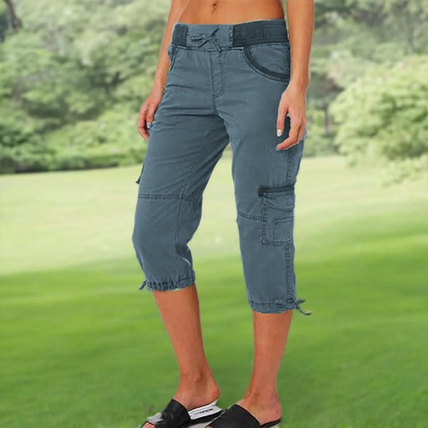 Womens Cargo Capris Summer Casual Drawstring Low Waisted Hiking Jogger Pants Lightweight Outdoor Cotton Capri Pants
