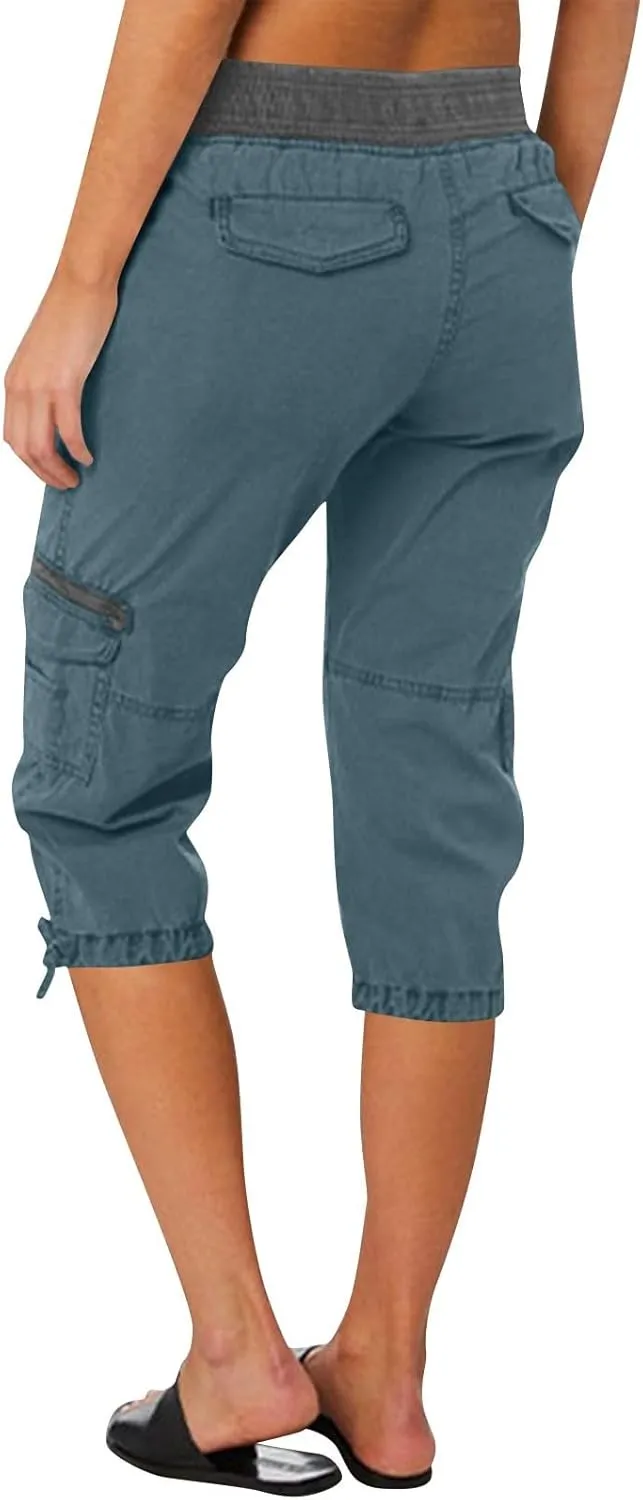 Womens Cargo Capris Summer Casual Drawstring Low Waisted Hiking Jogger Pants Lightweight Outdoor Cotton Capri Pants