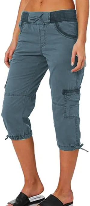 Womens Cargo Capris Summer Casual Drawstring Low Waisted Hiking Jogger Pants Lightweight Outdoor Cotton Capri Pants