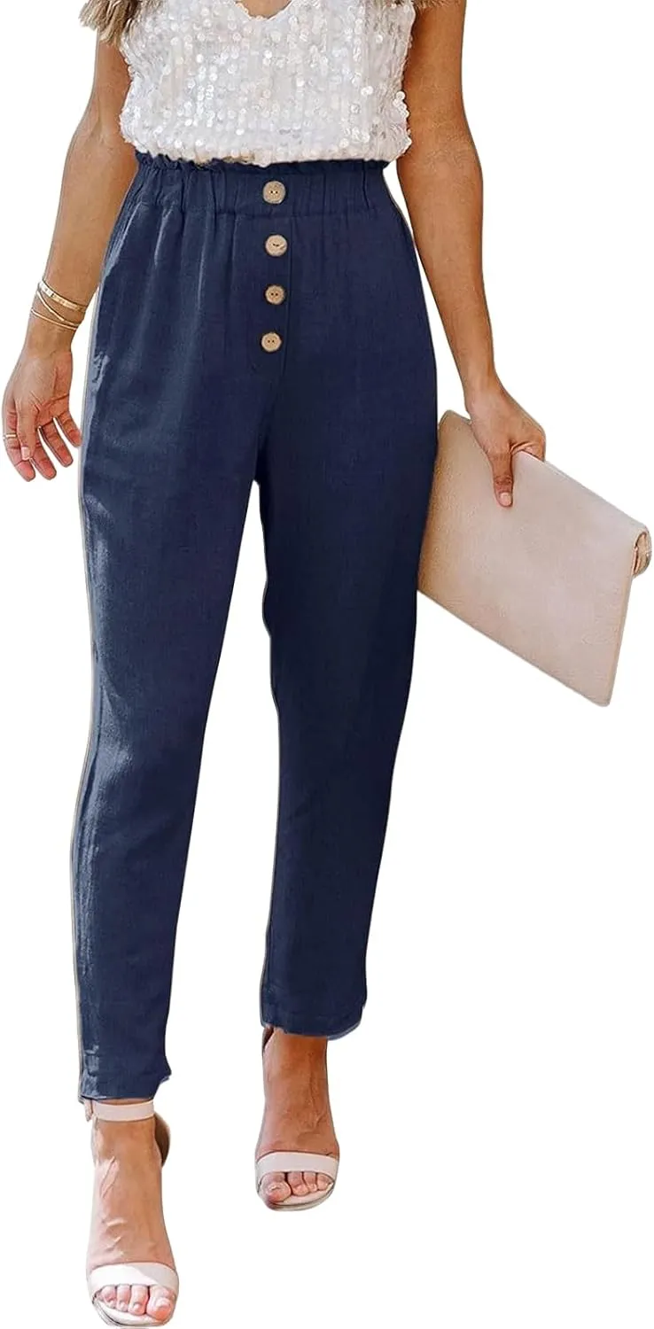 Womens Casual Pants Summer Dressy Business High Waist Paperbag Cropped Pants Work Slim Tapered Trousers