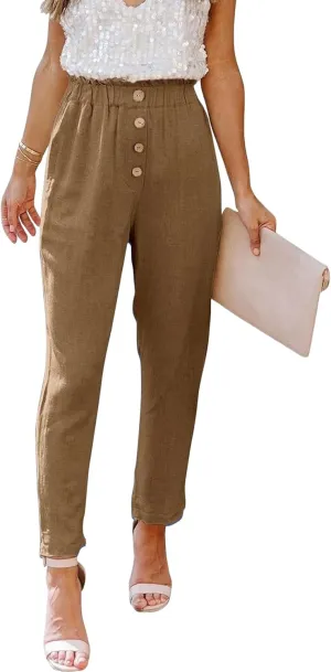 Womens Casual Pants Summer Dressy Business High Waist Paperbag Cropped Pants Work Slim Tapered Trousers