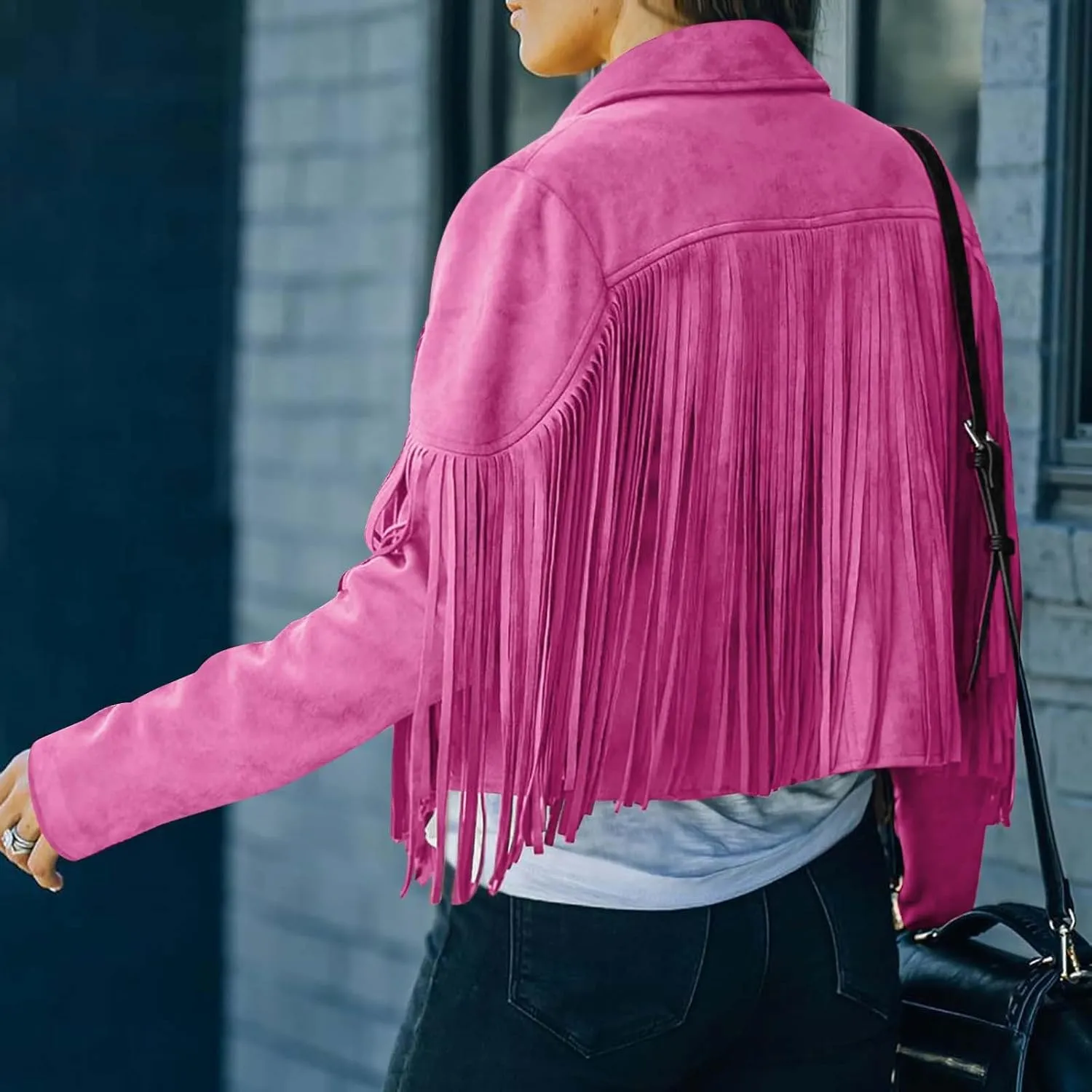 Women's Fringe Jacket Faux Suede Leather Jackets Fashion Tassel Moto Biker Cropped Coats Cardigan 70s Hippie Clothes