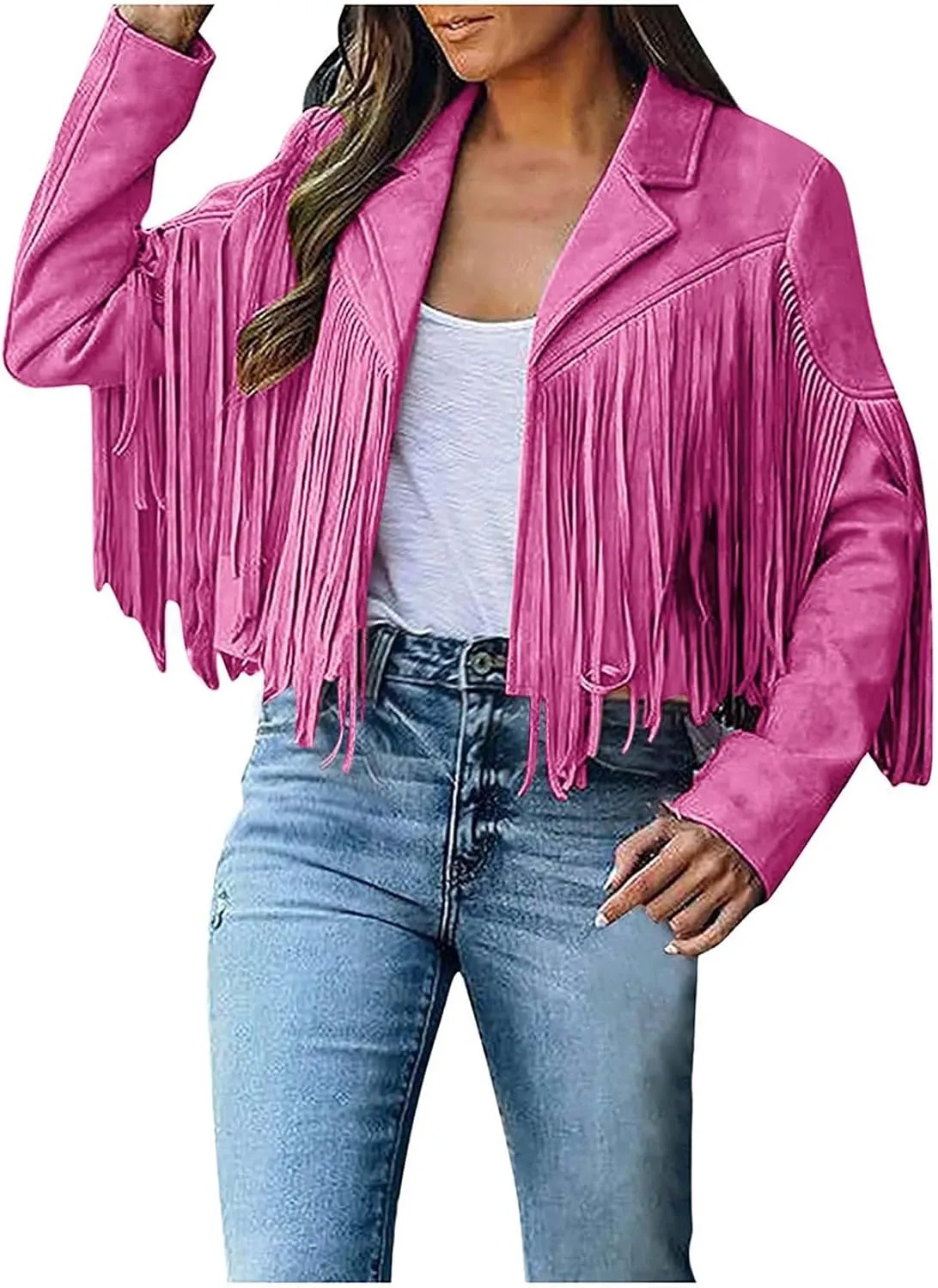 Women's Fringe Jacket Faux Suede Leather Jackets Fashion Tassel Moto Biker Cropped Coats Cardigan 70s Hippie Clothes
