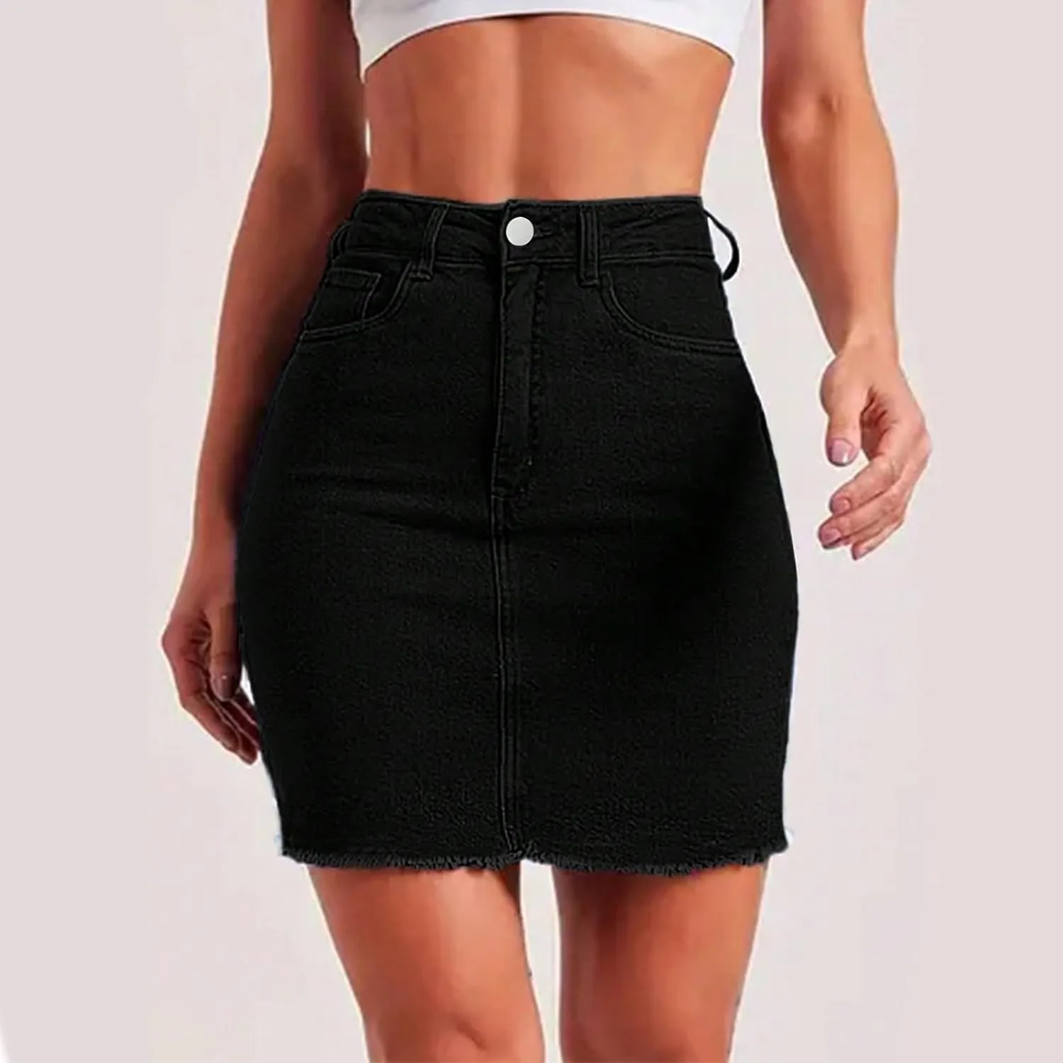 Womens Jean Skirt Denim Bodycon Raw Hem Stretch High Waisted Summer Frayed Button A Line Jeans Skirts with Pockets