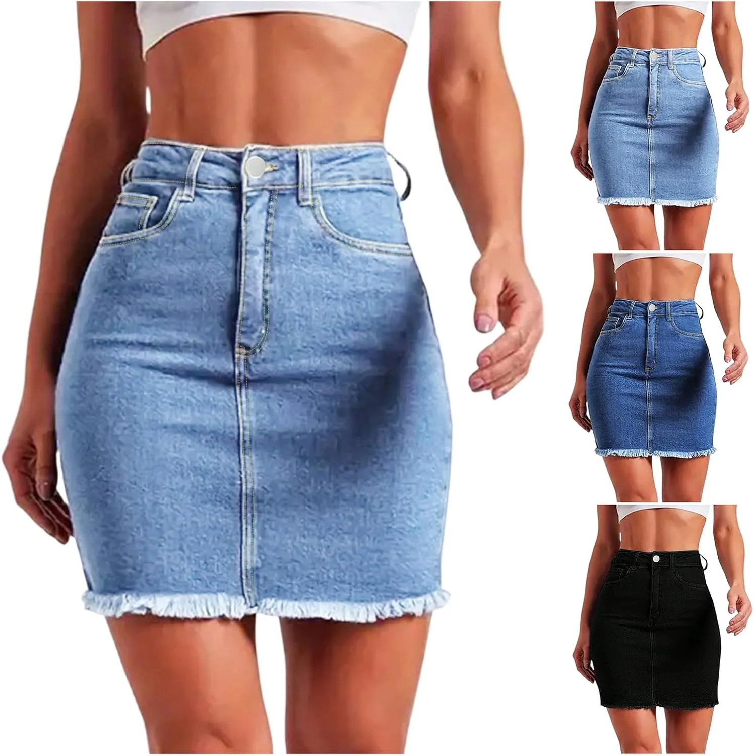 Womens Jean Skirt Denim Bodycon Raw Hem Stretch High Waisted Summer Frayed Button A Line Jeans Skirts with Pockets