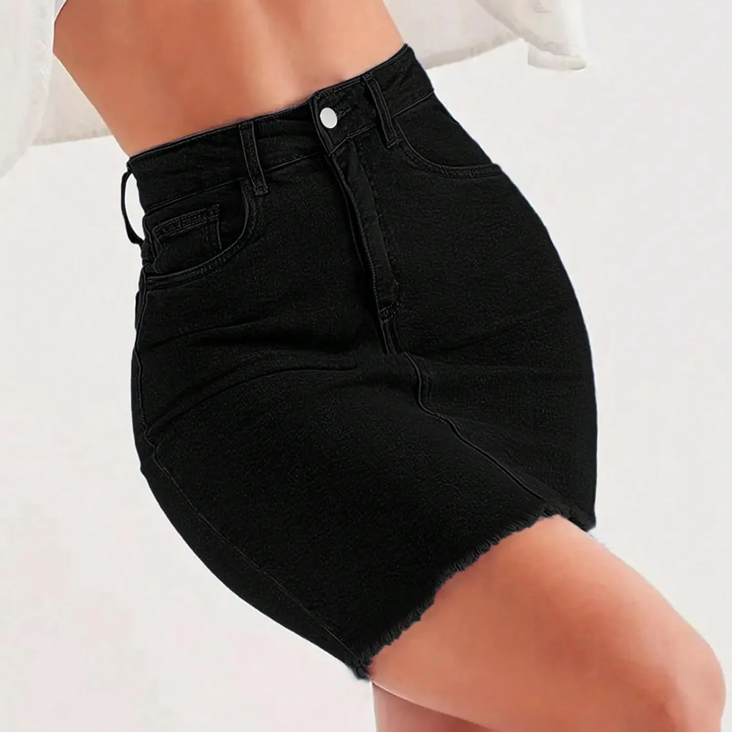 Womens Jean Skirt Denim Bodycon Raw Hem Stretch High Waisted Summer Frayed Button A Line Jeans Skirts with Pockets