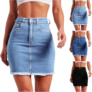 Womens Jean Skirt Denim Bodycon Raw Hem Stretch High Waisted Summer Frayed Button A Line Jeans Skirts with Pockets