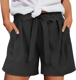 Women's Look Like Linen Shorts Straight Wide Leg Dress Pant Casual Summer Tie Front Pleated Shorts with Pockets