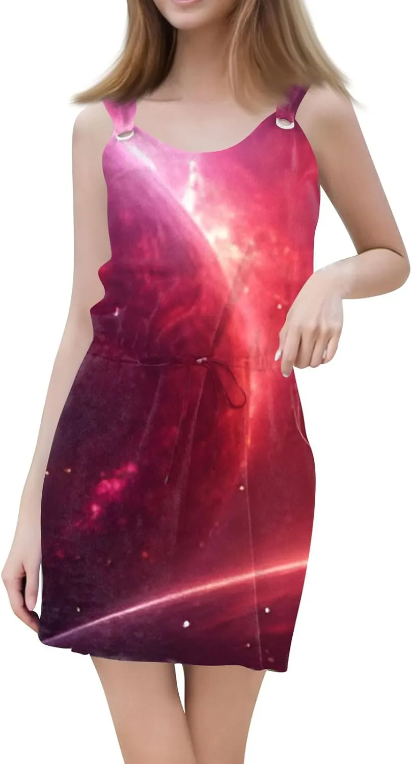 Women's Print Sleeveless Summer Dress with Adjustable Waist Tie Casual Loose Fit for Beach or Party Wear