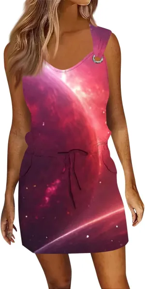Women's Print Sleeveless Summer Dress with Adjustable Waist Tie Casual Loose Fit for Beach or Party Wear