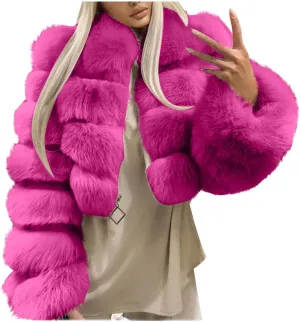 Womens Shaggy Faux Fur Coats Zip up Long Sleeve Fuzzy Fleece Cropped Jacket Casual Fashion Winter Warm Laides Outwear