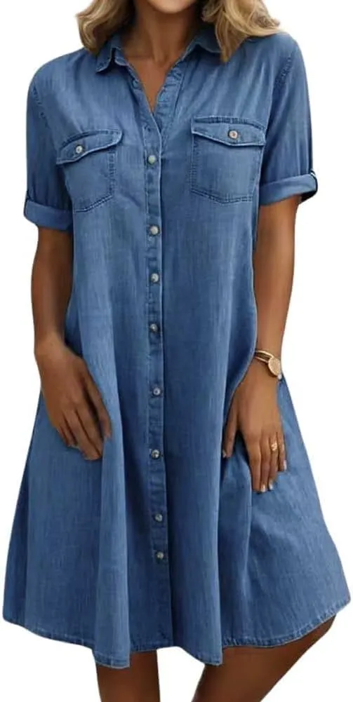 yoeasy Women's Summer Short Sleeve Denim Shirt Dress Casual Button Down Loose Fit Midi Long Jean Dress