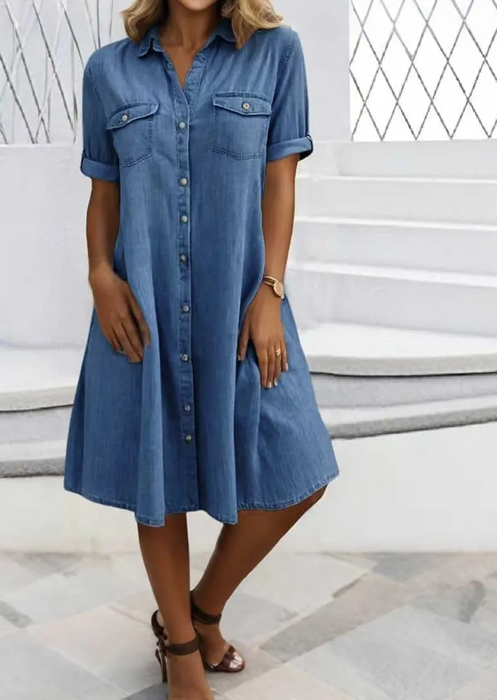 yoeasy Women's Summer Short Sleeve Denim Shirt Dress Casual Button Down Loose Fit Midi Long Jean Dress