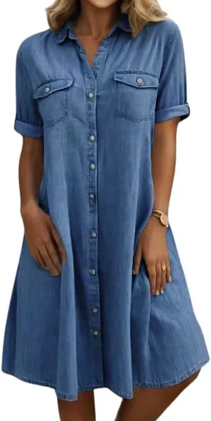 yoeasy Women's Summer Short Sleeve Denim Shirt Dress Casual Button Down Loose Fit Midi Long Jean Dress